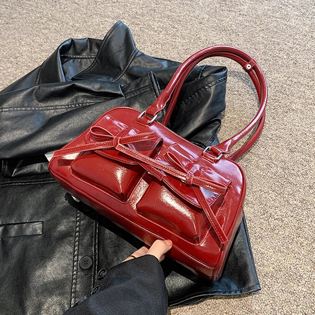 Women Trendy Handbags Double Pockets PU Leather Fashion Shoulder Bag with Bow Stylish Underarm Bag Solid Color for Outdoor Party