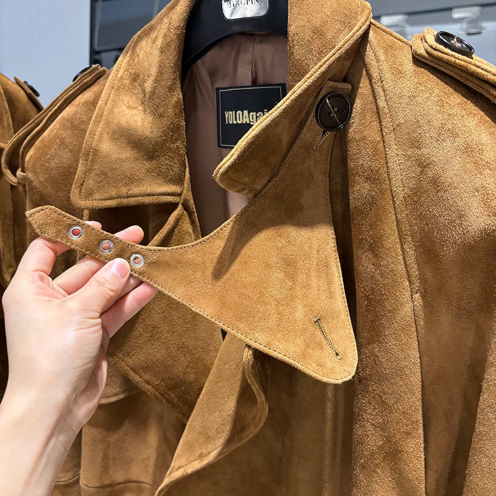 YOLOAgain 150cm Extra Length Real Leather Trench Coat Women Double Breasted Suede Coat Female