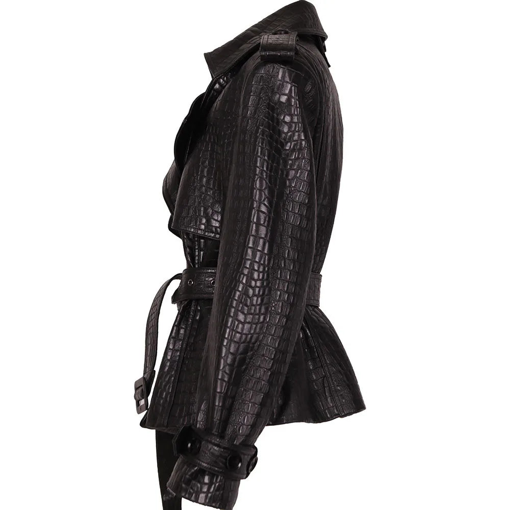 YOLOAgain Black Real Leather Jacket Women Genuine Leather Coat With Belt