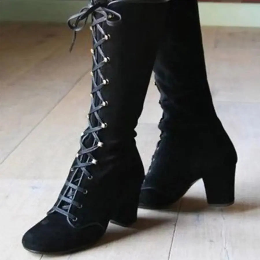 Winter Autumn Woman Knee High Boots Woman Long Boots Lace Up Fashion Woman Boots Footwear 35-43 Purple Square Heel Women Shoes