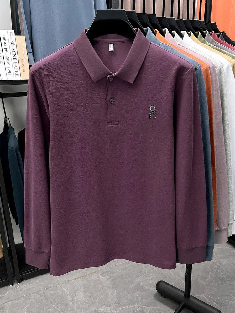 100% pure cotton polo shirt long sleeved men's brand fashionable embossed T-shirt sports breathable spring autumn casual new top
