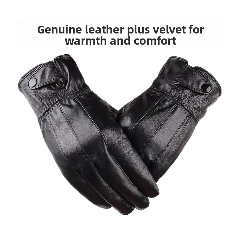 Genuine Leather Gloves (Men/Women): Fleece-Lined Warm, Thin/Thick Cotton, For Motorcycle Riding, Autumn/Winter,  Drop-Shipping