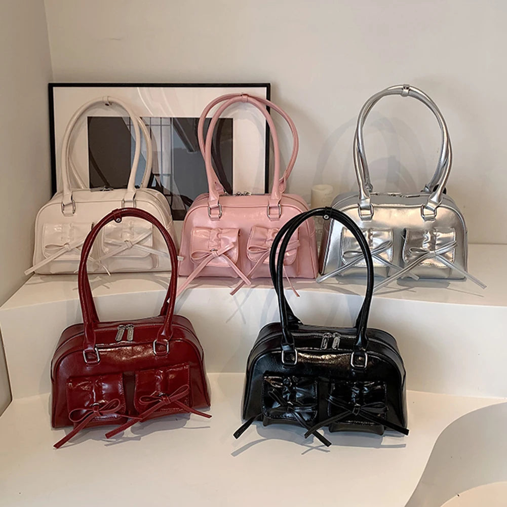Women Trendy Handbags Double Pockets PU Leather Fashion Shoulder Bag with Bow Stylish Underarm Bag Solid Color for Outdoor Party