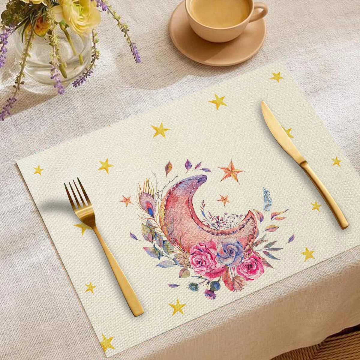 Artistic Ramadan Moon Lantern Floral Pattern Placemats Exquisite Watercolor Geometric Designs Heat Resistant Table Mats