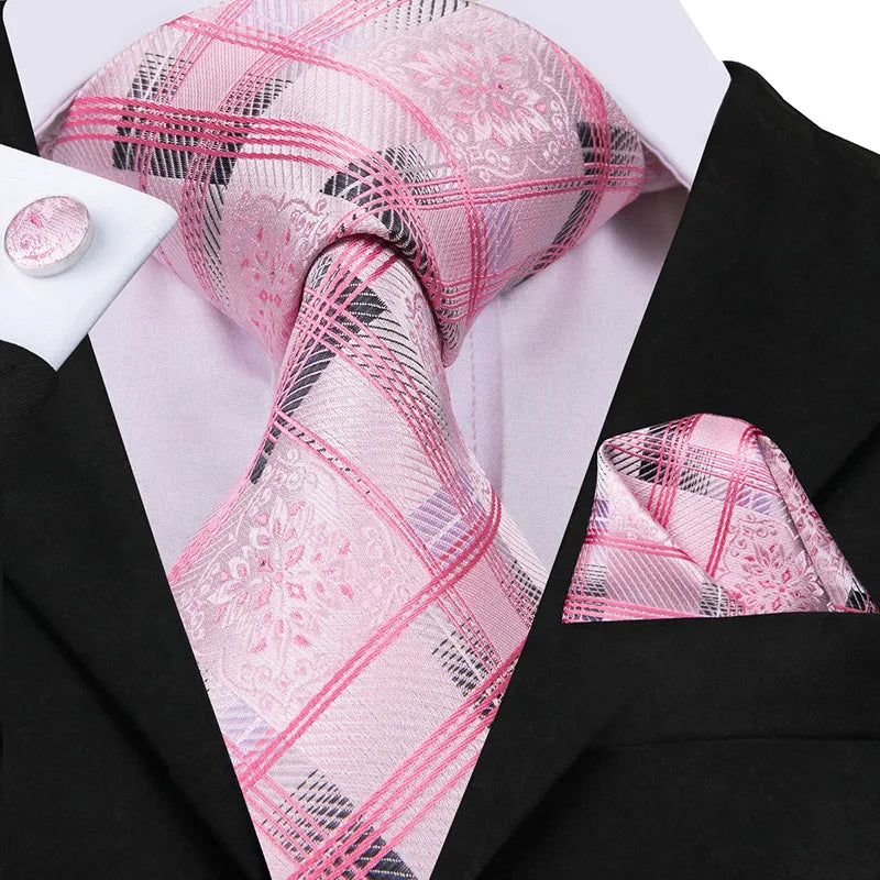 Hi-Tie Silk Men Tie Peach Pink Floral Wedding Necktie for Men Luxury Necktie Handkerchief Cufflink Fashion Design Business
