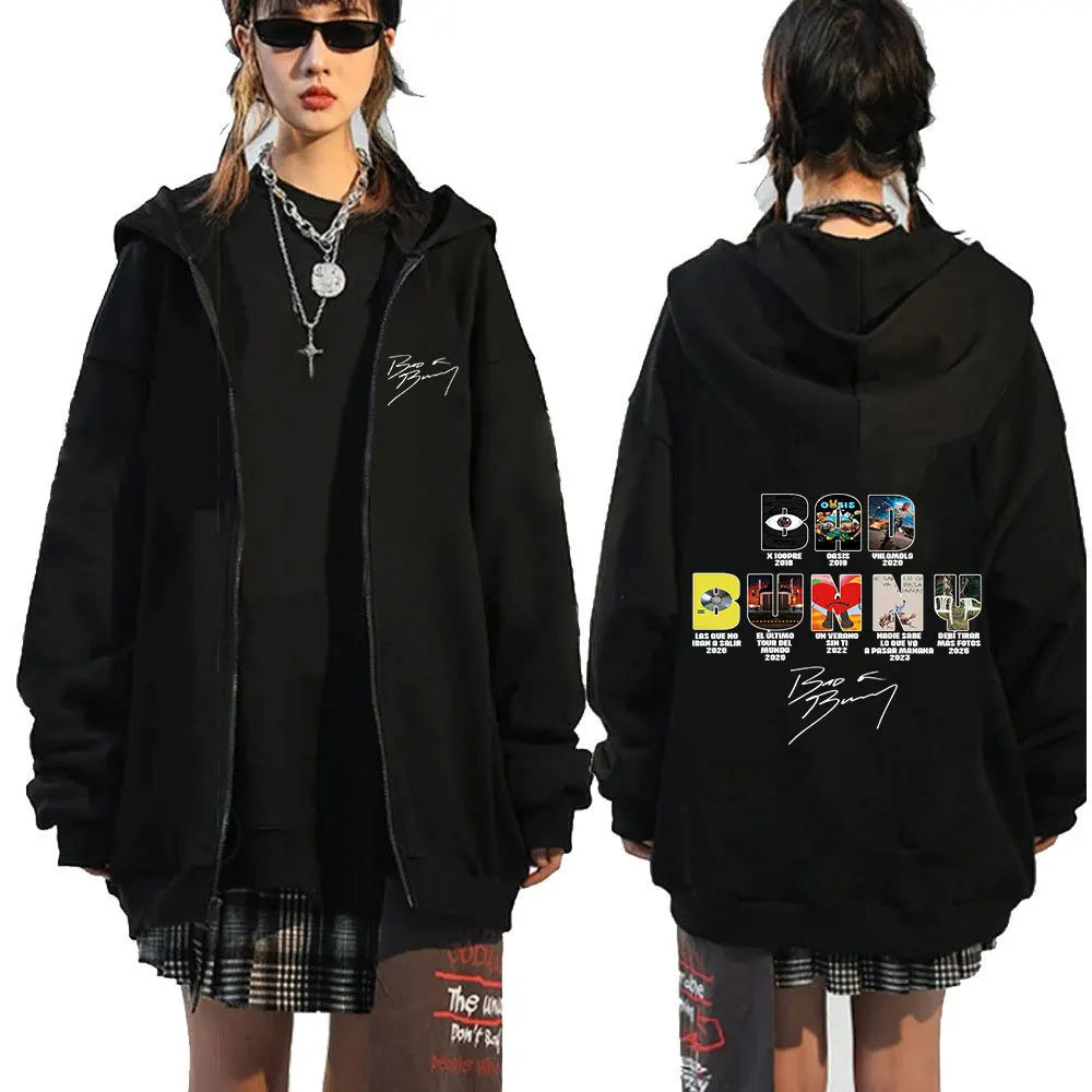 Rapper Bad Bunny Music Album Cover Print Zipper Hoodies Men Women Clothing Hip Hop Zip Up Sweatshirts Long Sleeve Hoodie Jackets