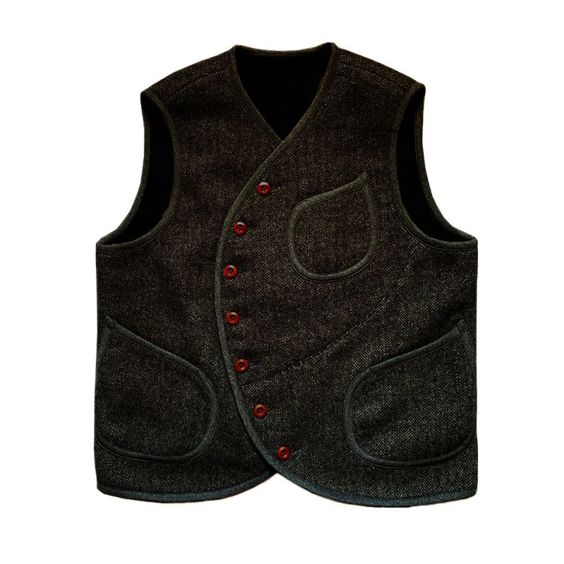 Men's Suit Vest Herringbone Wool Crew Neck Sleeveless Jacket Male Steampunk Waistcoat Vintage