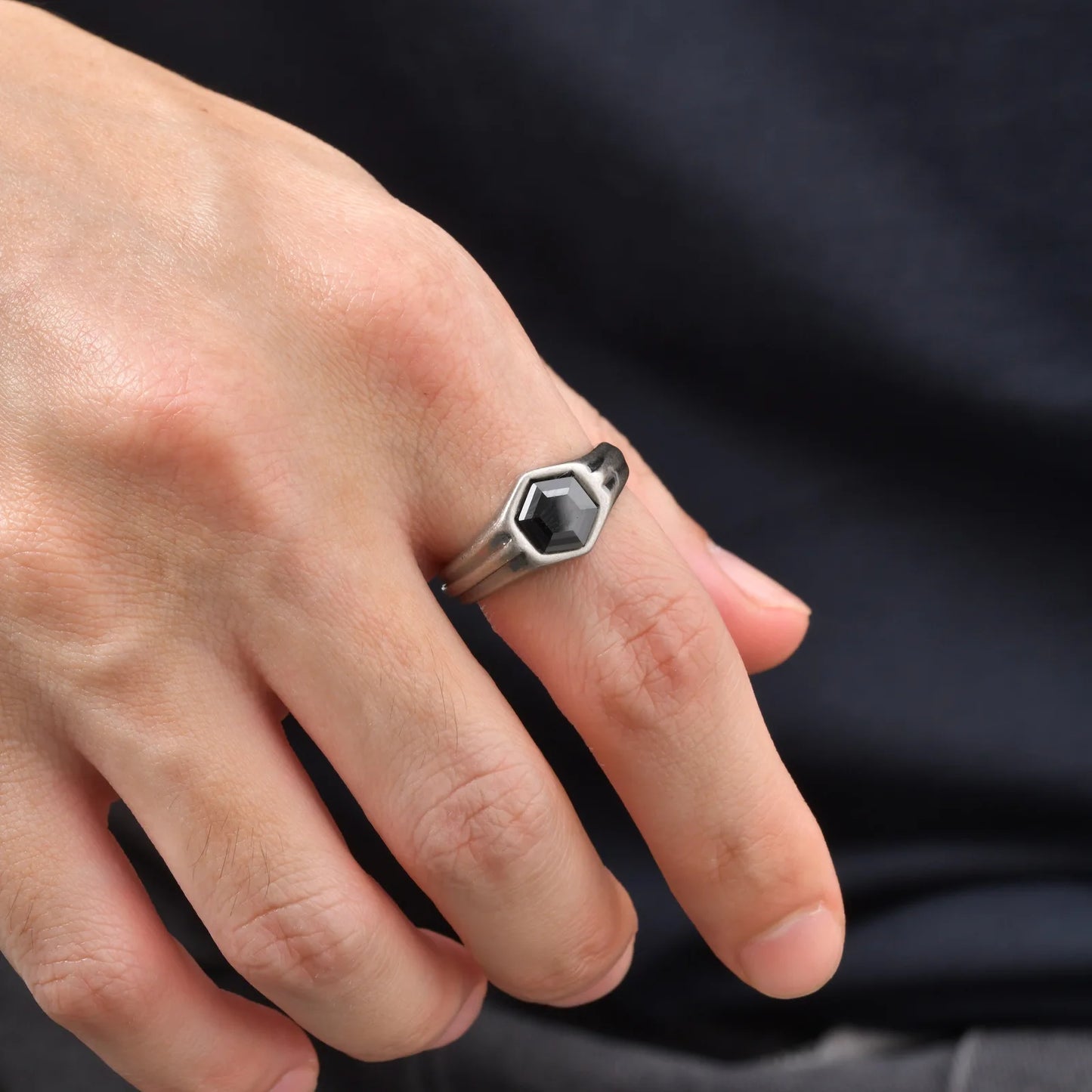Hexagon Black Zircon Ring for Men, Stainless Steel Antique Silver Color Geometric Band,Punk Statement Jewelry Gift