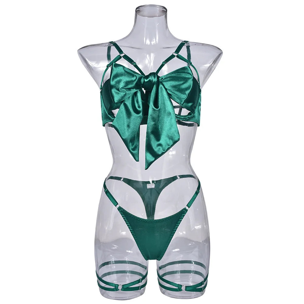 Lingerie's new hot selling European and American lingerie with exquisite bow and hollow out sexy three piece set with steel ring