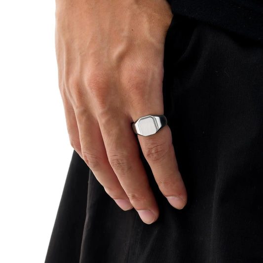 Silver Color Square Signet Ring for Men Women,Brushed Stainless Steel Ring Band Ring,Basic Chunky Ring Thumb Ring