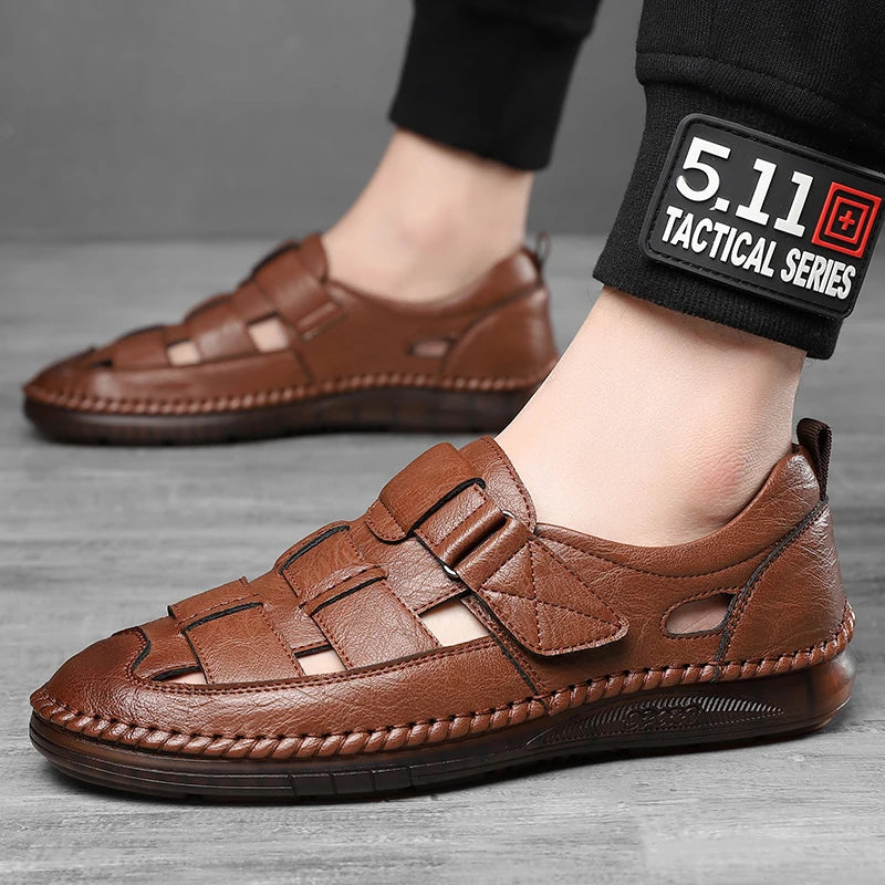 Genuine Leather 2024 Summer Special Offer Men's Business Casual Hollow Work with Holes Leather Sandals Men's Work Hole Sandals