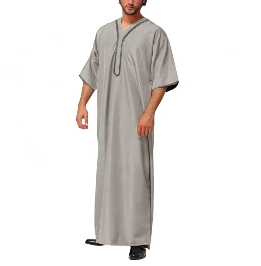 Islamic Muslim Men's Solid Color Short Sleeve Classic Embroidery Robe Dubai Arabic Ethnic Style Men's Casual Formal Robe