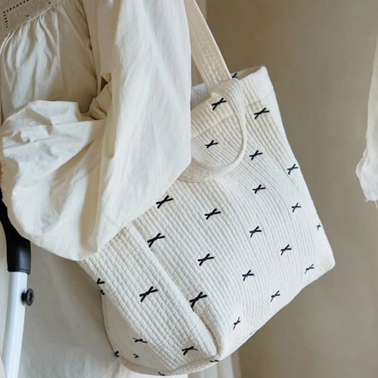 Large Capacity Tote Bag For Women Fashion Simple Canvas Storage Bowknot Embroidered One-shoulder Bag