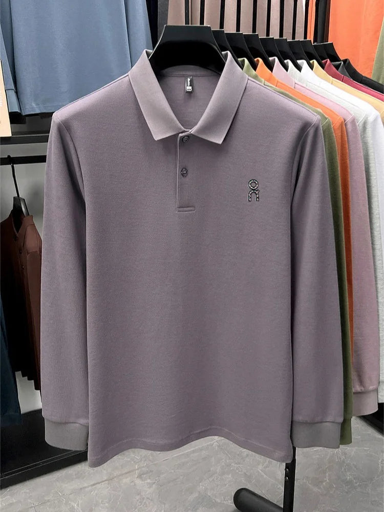 100% pure cotton polo shirt long sleeved men's brand fashionable embossed T-shirt sports breathable spring autumn casual new top