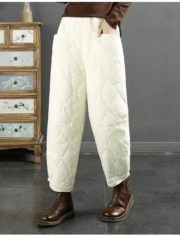 Vintage Quilted Pants Women Winter Warm Trouser Cotton-padded Pants Casual Design Pockets Elastic Waist Korean Chic Black Pants