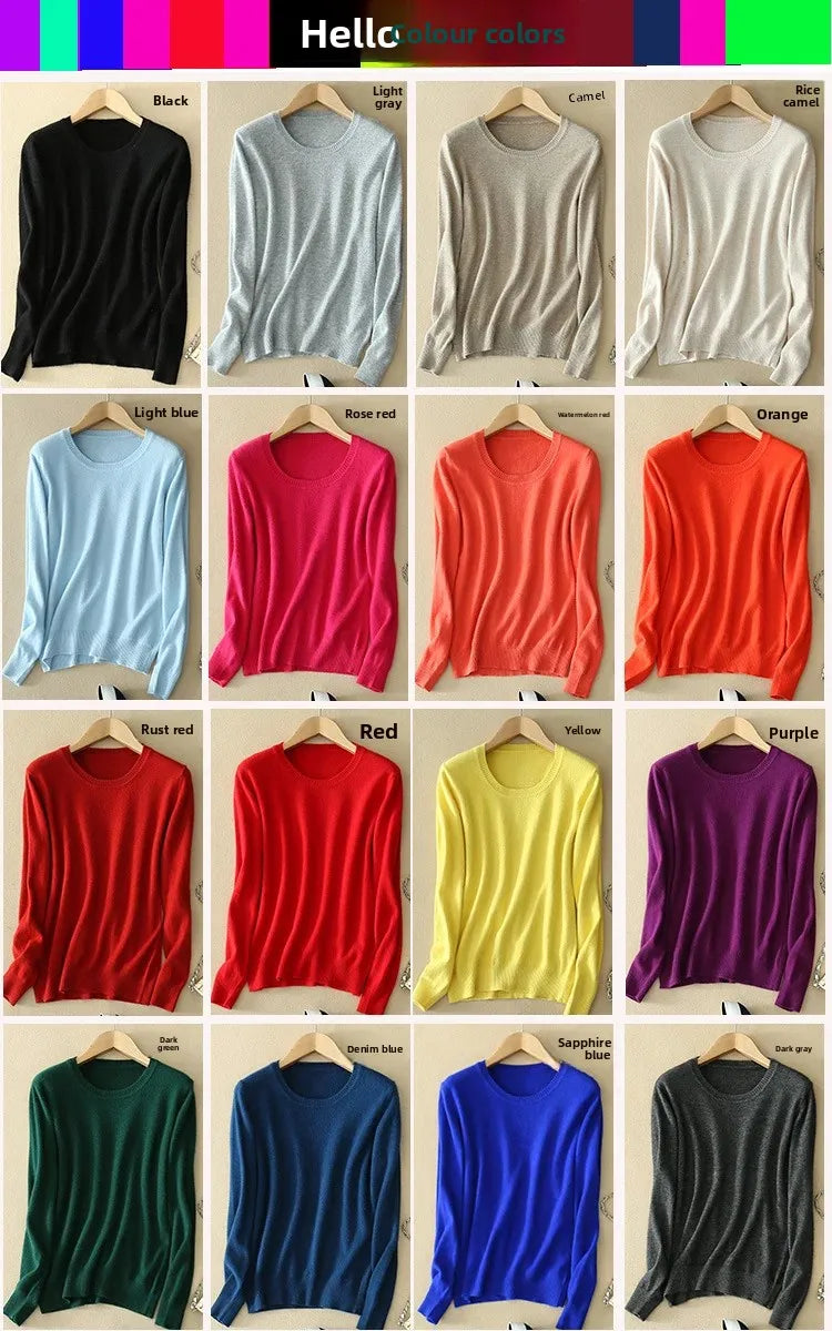 Women's Knitted Sweater round Neck Slim Fit Short Style Large Size Overhead Base Shirt Autumn Winter New Arrival Solid Color