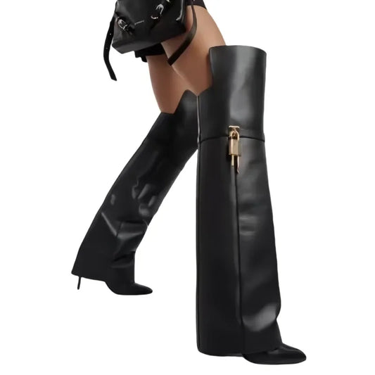 European and American women's fashionable large round toe over knee boots, slim high heels, shark button pants, long boots