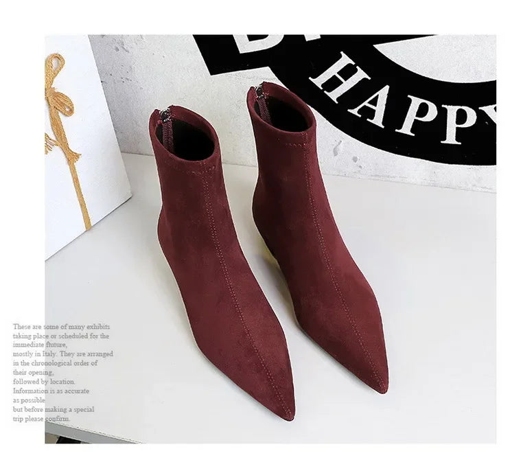Women Red Pointed Toe Suede Ankle Boots Elegant Woman Inner Heel Short Boots 2024 Autumn Chic Office Female Keep Warm Short Boot
