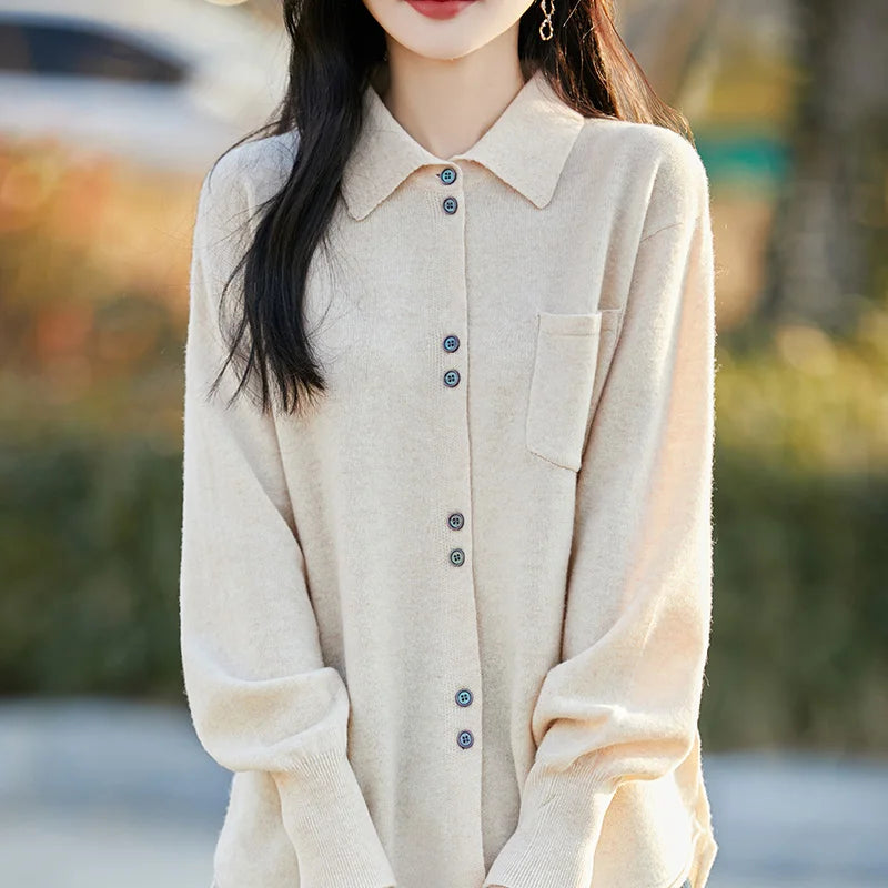 POLO Collar Wool Sweater 100 Pure Wool Spring And Autumn New Knitted Women Loose And Slimming Cardigan ZA682