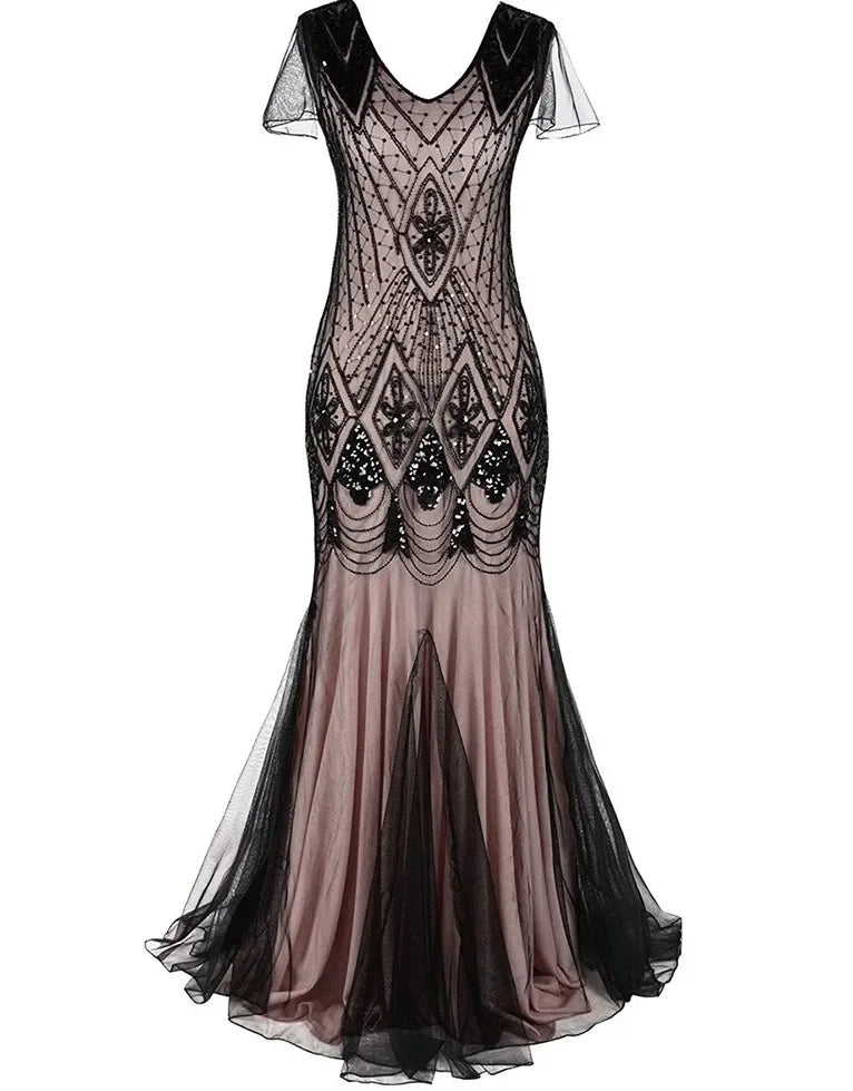 Women's Fashion 1920s Flapper Dress Vintage Great Gatsby Long Evening Prom Sequin Party Dress Women Mesh Costume