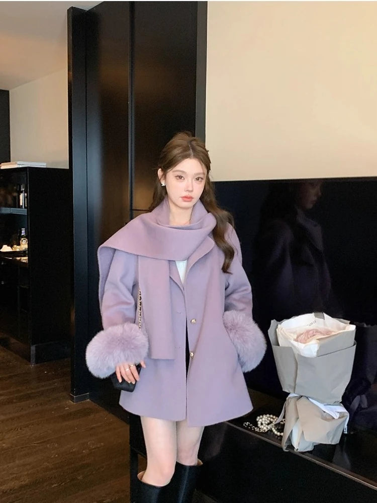 Elegant Wool Coat Warm Women Double Faced Luxury Real Fox Fur Sleeves 100 Wool Scarf Autumn Winter 2025 New Fashion Trench Coat