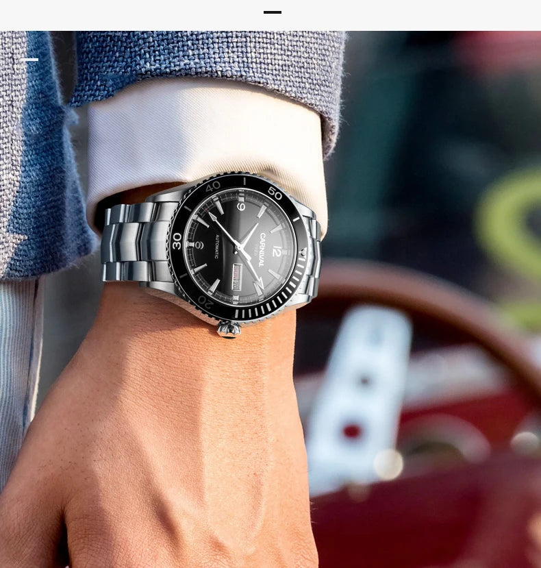 I&W Men Automatic Watch 41mm Mechanical Wristwatch 50M Waterproof Luminous Sapphire Mirror Dual Calendar Week Date