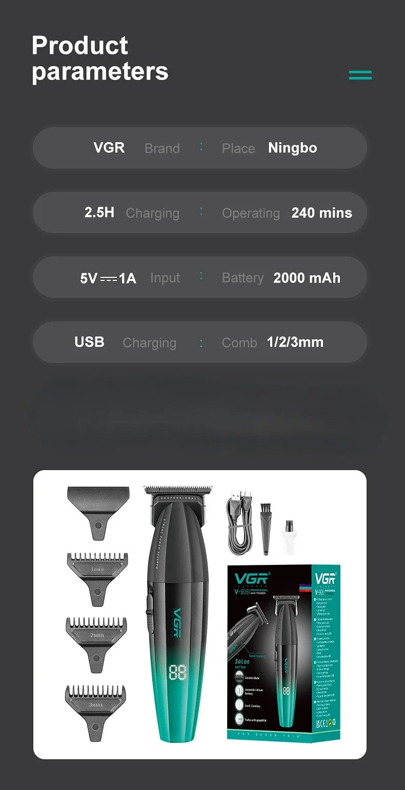 VGR V-906 Hair Salon Home Hair Trimmer Gradient Metal Body Hair Clipper Hair Carving LED Intelligent Digital Display Electric Pu