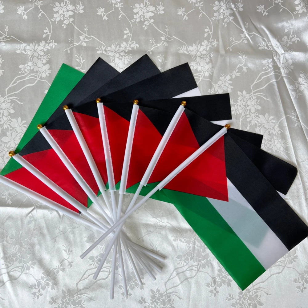 Palestine Flag 14x21cm Portable Hand Waving Palestinian Banner Polyester Fade-Resistance Plastic Flagpole for Events
