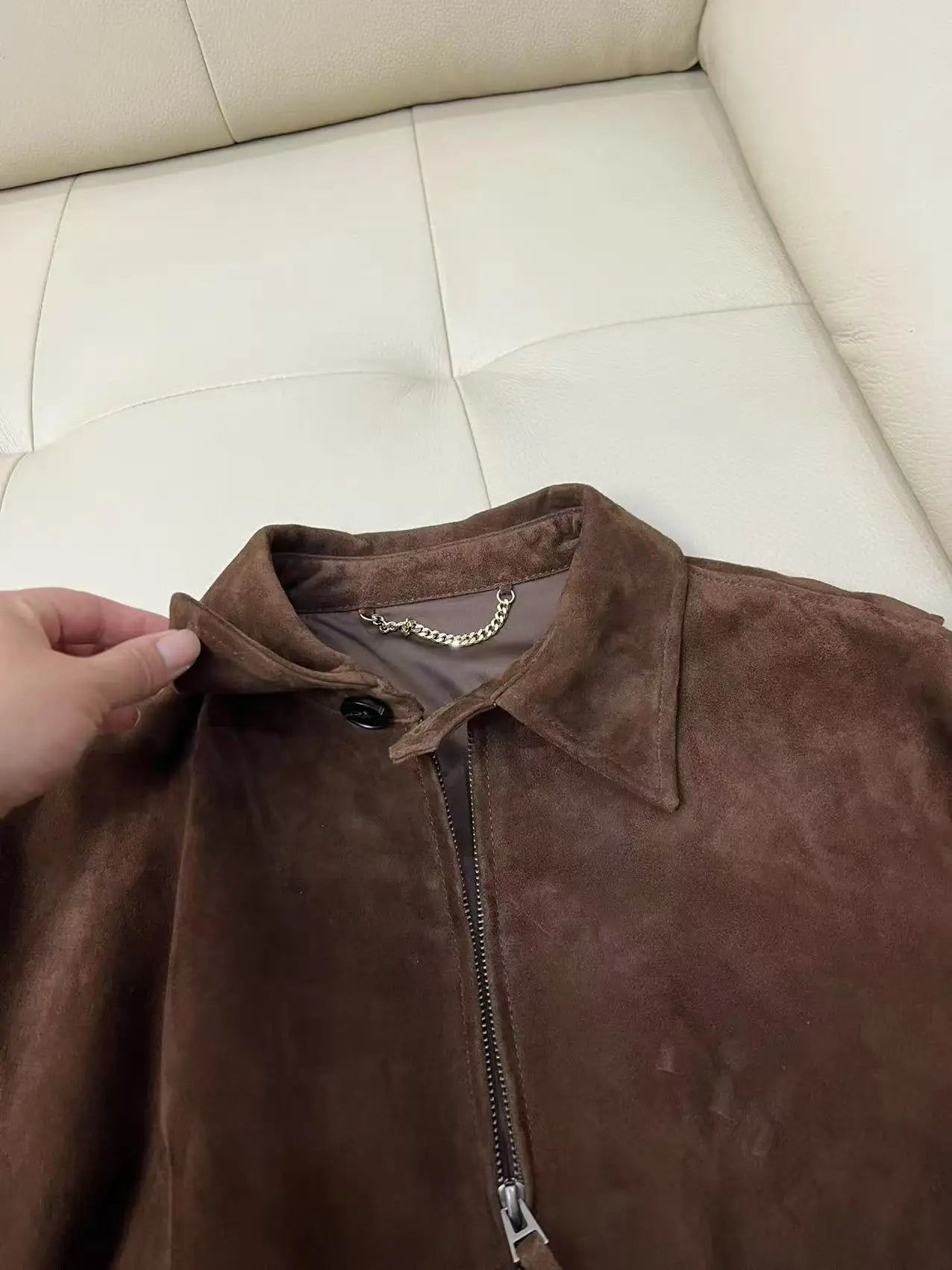 Brown Suede Jacket Spring Women Sheepskin Vintage Old Money Style Wide Shoulder Casual Baseball Leather Coat Giacca Pelle Donna