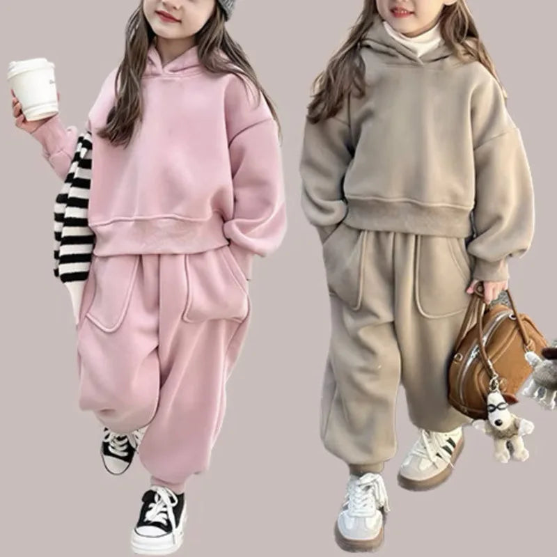 2025 Winter New Children Plus Velvet Thick Clothes Set Boys Girls Fleece Hooded Sweatshirt + Sweat Pants Suit Kids Warm Outfits