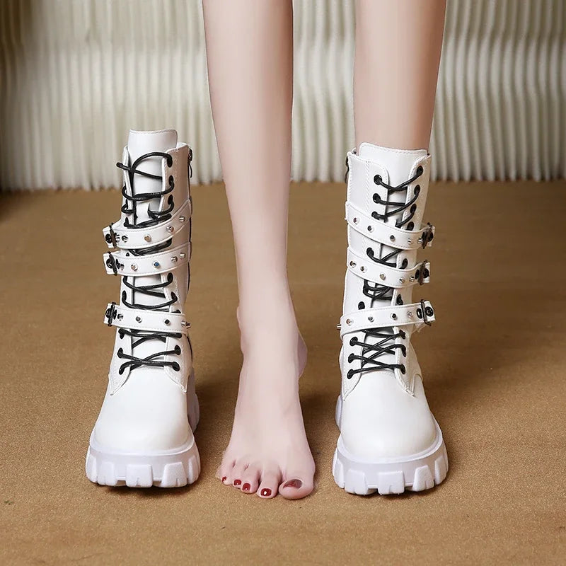 WOMEN ANKLE BOOTS Goth Boots Woman Winter 2024 Platform Shoes Sneakers Studded Belt Buckle Punk  Chunky Heels Mid Calf Boots