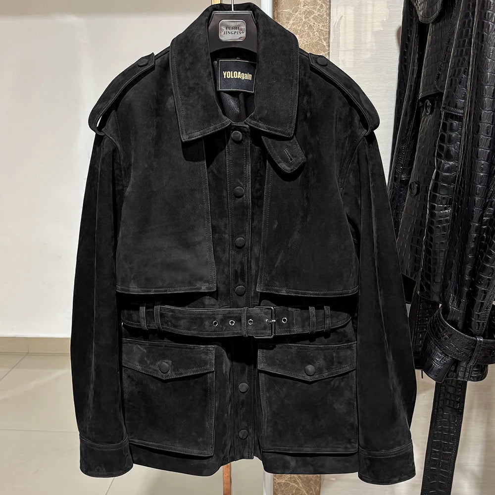 YOLOAgain Real Leather Suede Jacket Women Dark Brown Single Breasted Leather Coat With Belt