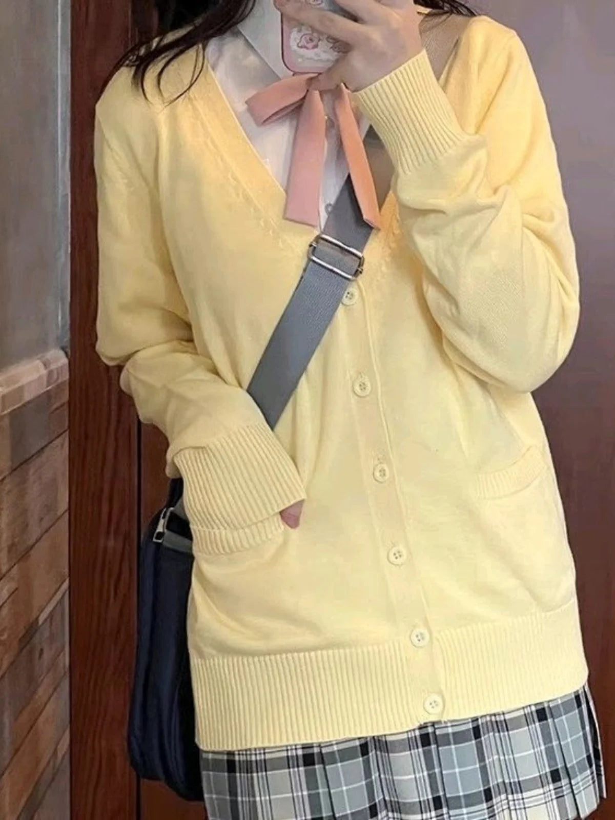 Loose Long Sve Knitted Pink Sweater Jk School orm Sle Women's Open Cardigan Coat Autumn Season Sweet Sle V Ne