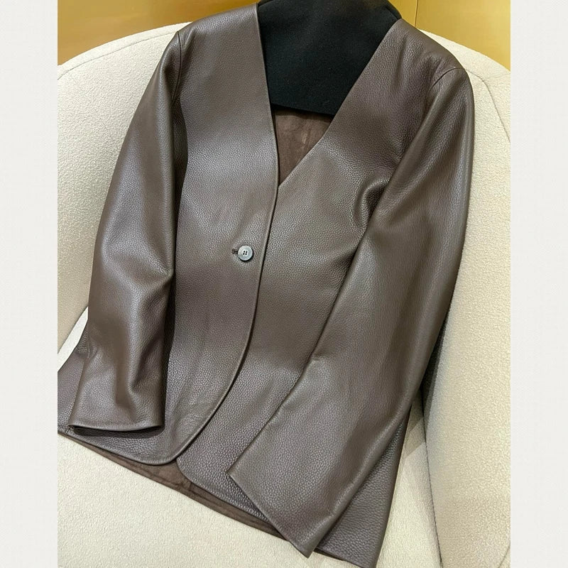 Natural Lambskin Leather Biker Jacket for Women, 100% Sheepskin Leather Coat, Long Sleeves, H913