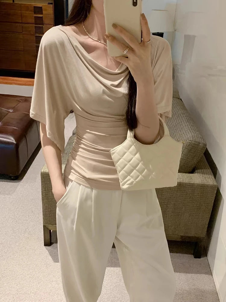 Women's Summer High Stretch Slash Neck Flare Sleeve Slim T Shirt Lady Sexy Pleated Slim Solid Color Pullover Tee Top