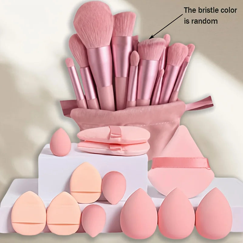 25Pcs Pro Makeup Brush & Sponge Set - 13 Brushes + 12 Hydrophilic Blenders for Liquid/Cream/Powder | Vegan Artist Kit with Pouch