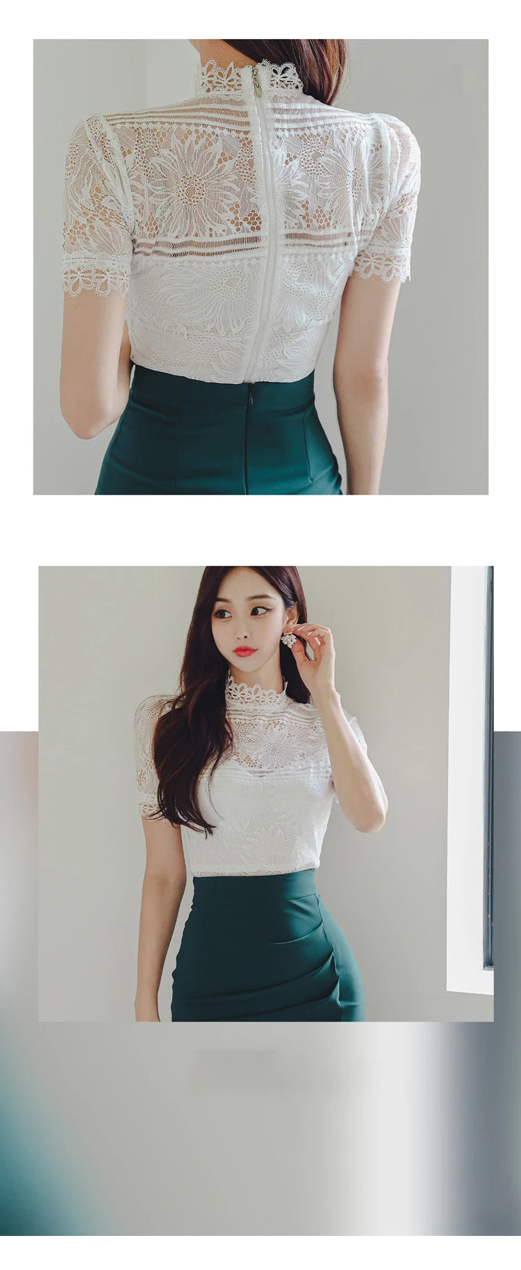 Summer Women Clothes Fashion Elegant 2 Pieces Outfit Sheer Sexy Lace White Tops Shirt Blouse And High Waist Midi Skirt Mujer Set