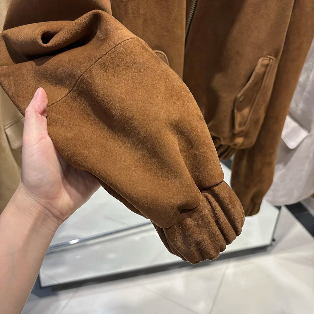 YOLOAgain Suede Leather Jacket Coat Women Real Leather Cropped Jacket Bomber Jacket 2025 Autumn