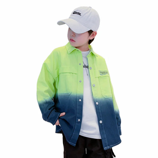 Kids Long Sleeve Shirt Clothes Denim Gradient Color Blouses Clothing Teenager Boys Fashion Streetwear Outfits Age 5 7 9 11 13 14