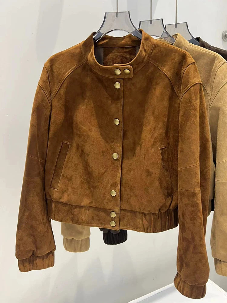 2025 Imported Goat Suede Jacket For Women Retro Standing Collar Versatile Slimming Elastic Waist  Leather Coat Chaquetas Bomber