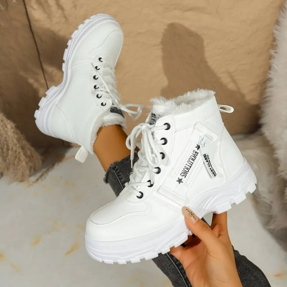 Women's Winter Snow Boots Warm Plush Lined Lace Up Chunky Platform Sneaker Booties Side Zipper Outdoor Walking Shoes for Ladies