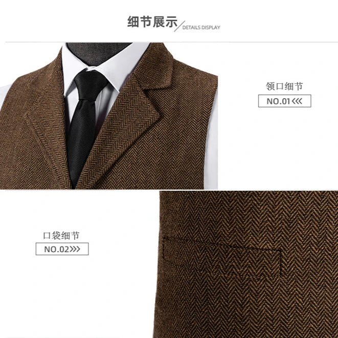 Wool Tweed Men's Suits Vest for Groomsmen Wedding Lapel Casual Slim Business Vests Sleeveless Waistcoat Male Gilet Homme Vests