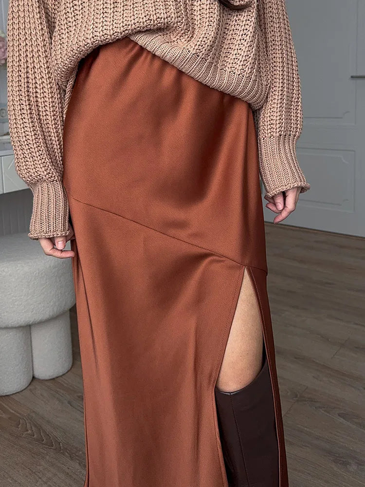 Summer Satin Skirts For Woman Office Maxi A Line Black Silk Skirts With Slit Lady High Waist Women Patchwork Skirt Long Elegant