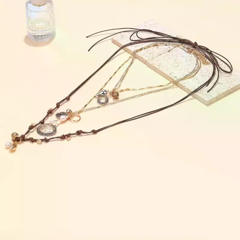 Stylish Women's Bohemian Necklace with Round Coin Badge Pendant; Multi-layer Rope Chain Party Accessory.