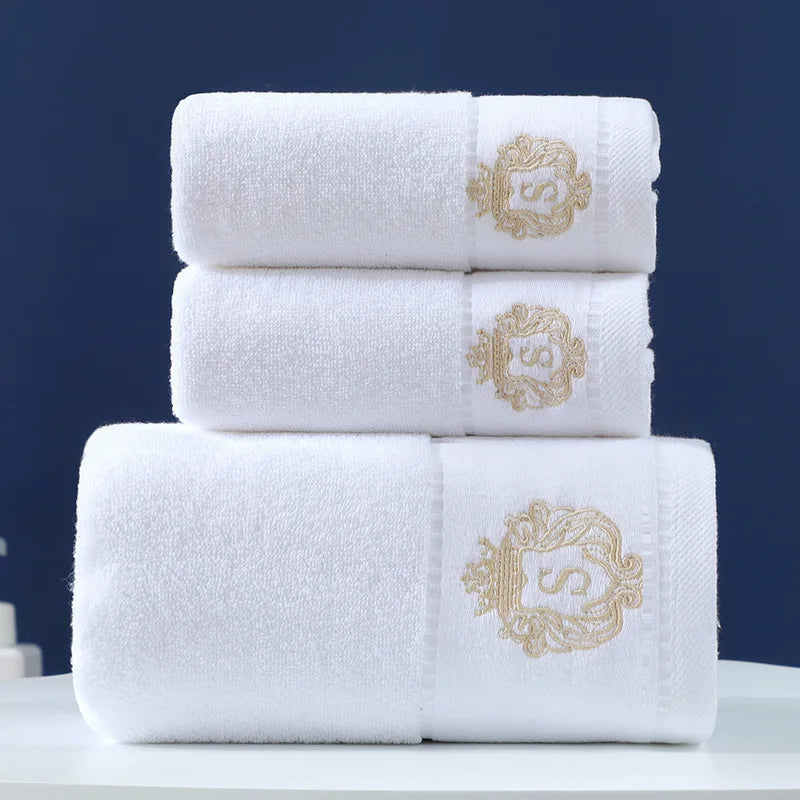 Inyahome Set of 3 Bathroom Cotton Towels Set Embroidered Luxury 2 Hand Towels 35x75cm and Big Bath Towels 70x140cm Washcloth