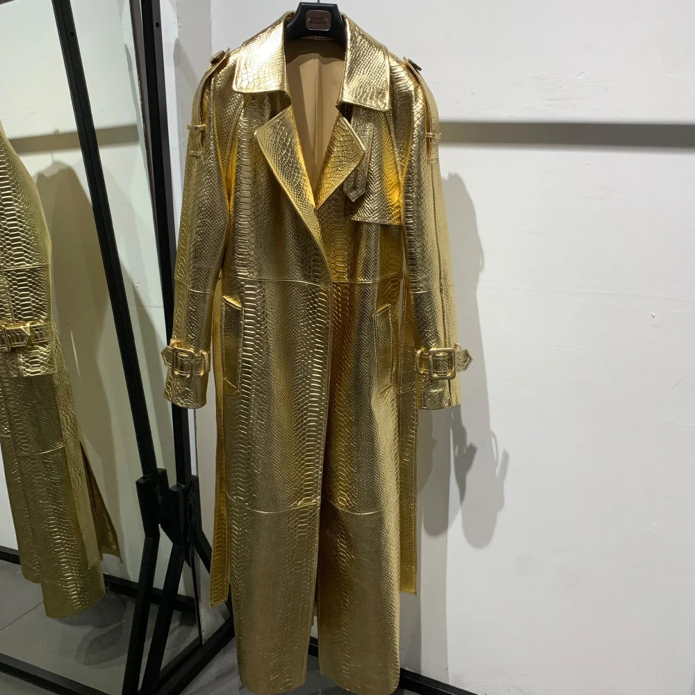 Gold Leather Coat Long Ladies Real Sheepskin Coat Genuine Sheep Leather Windbreak Long 21018