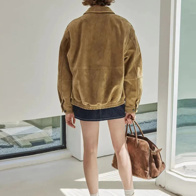 Brown Suede Jacket Spring Women Sheepskin Vintage Old Money Style Wide Shoulder Casual Baseball Leather Coat Giacca Pelle Donna