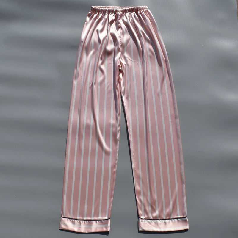 Pajama Pants For Women Silk Satin Trousers Stripes Thin Loose Plus-size Ice Home Pants Night Wears Sleep Bottoms For Female