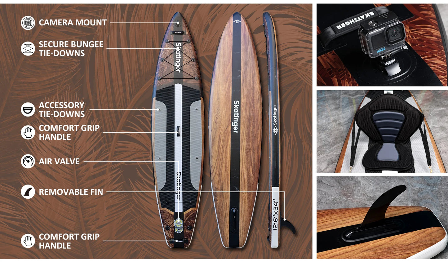SKATINGER 12'6''x34''x6'' Inflatable Paddle Board for Adults Waterproof Standing Style SUP Board with Accessories for Aquatic