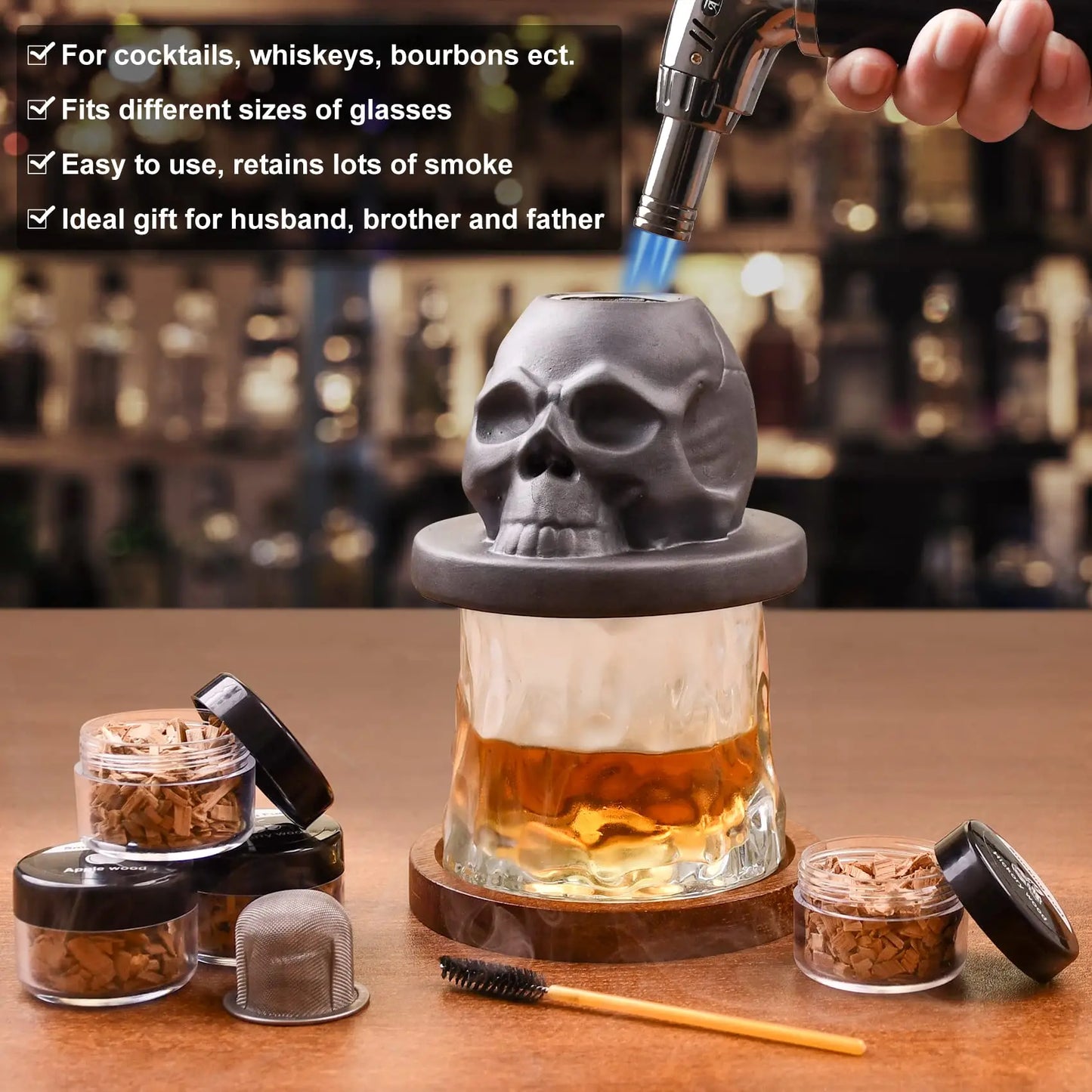 Ceramics Whiskey Smoker Kit Skull-Shaped Smoke Infuser Old Fashioned Cocktail Smoker Kit With Fruity Wood Chips Kitchen Bar Tool